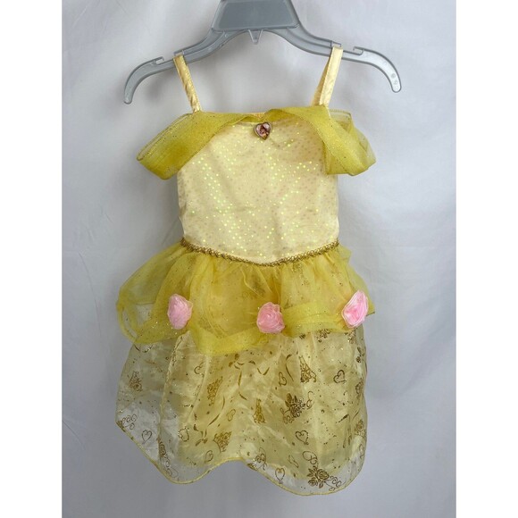 Disney Store Girl 4 Belle Beauty Beast Dress Yellow Costume Princess Roses - Picture 1 of 7